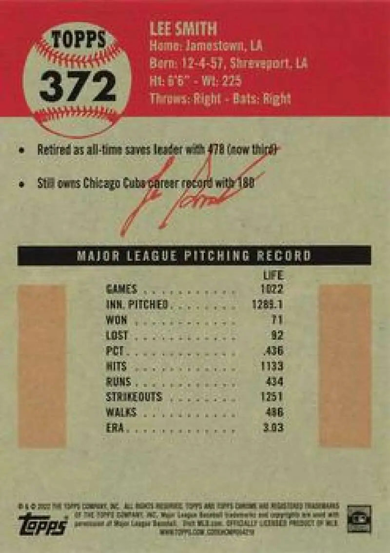 Back of 2022 Topps Chrome Platinum Lee Smith baseball card #372 with stats and info