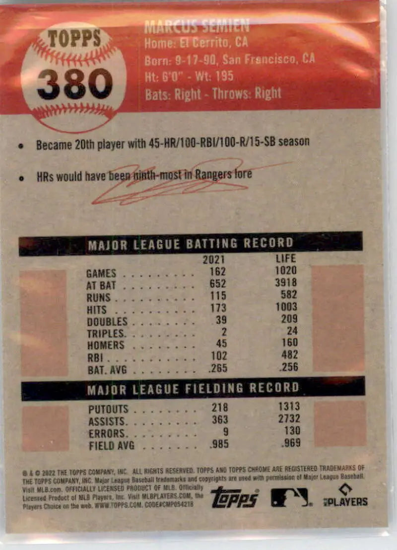 Marcus Semien 2022 Topps Chrome Platinum Anniversary baseball card career statistics