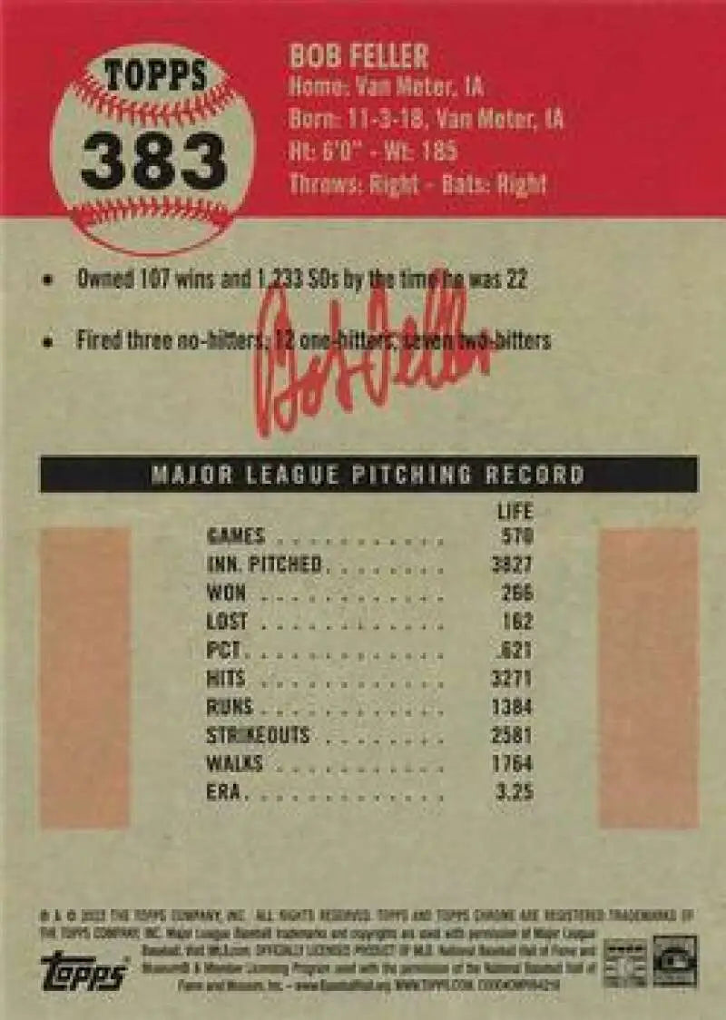 Bob Feller career stats and signature on 2022 Topps Chrome Platinum Anniversary card