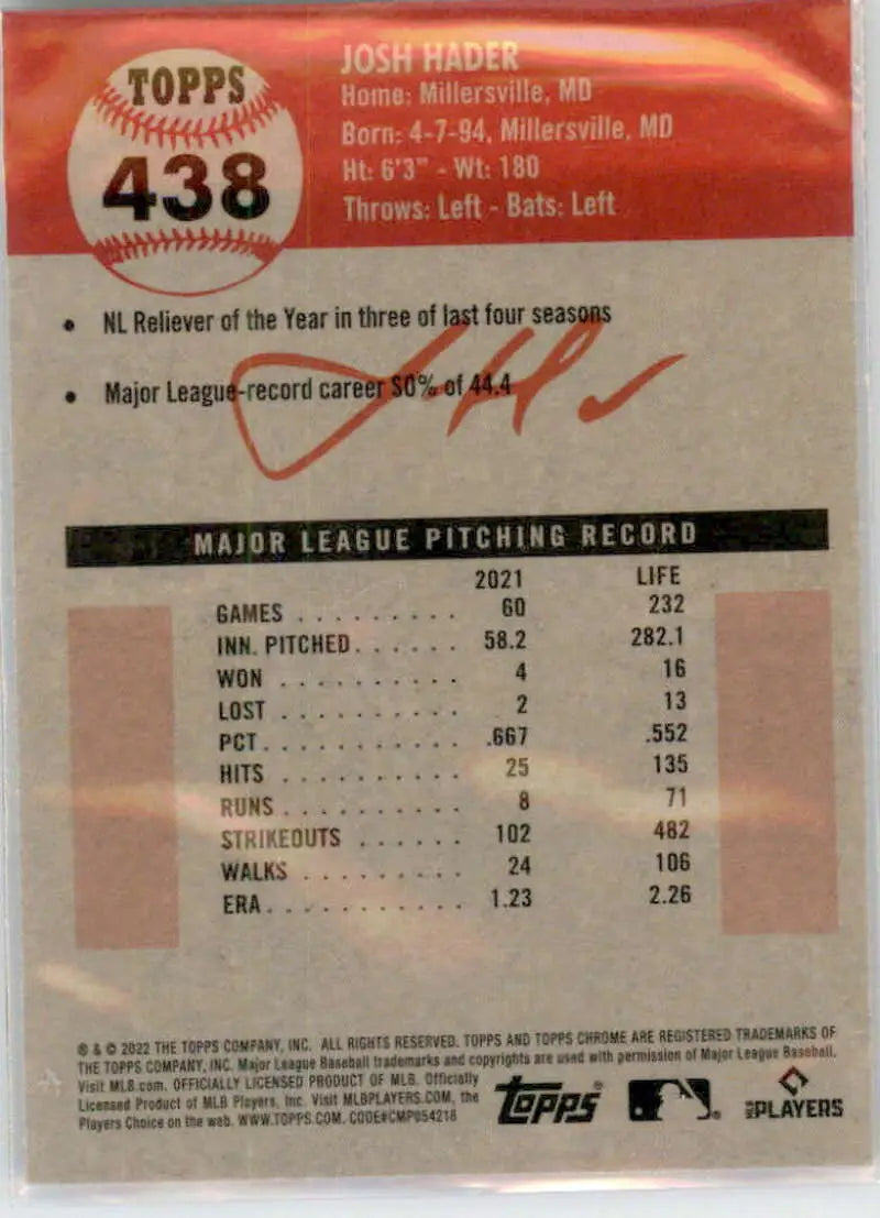 2022 Topps Chrome Platinum Anniversary Josh Hader Baseball Card for Milwaukee Brewers