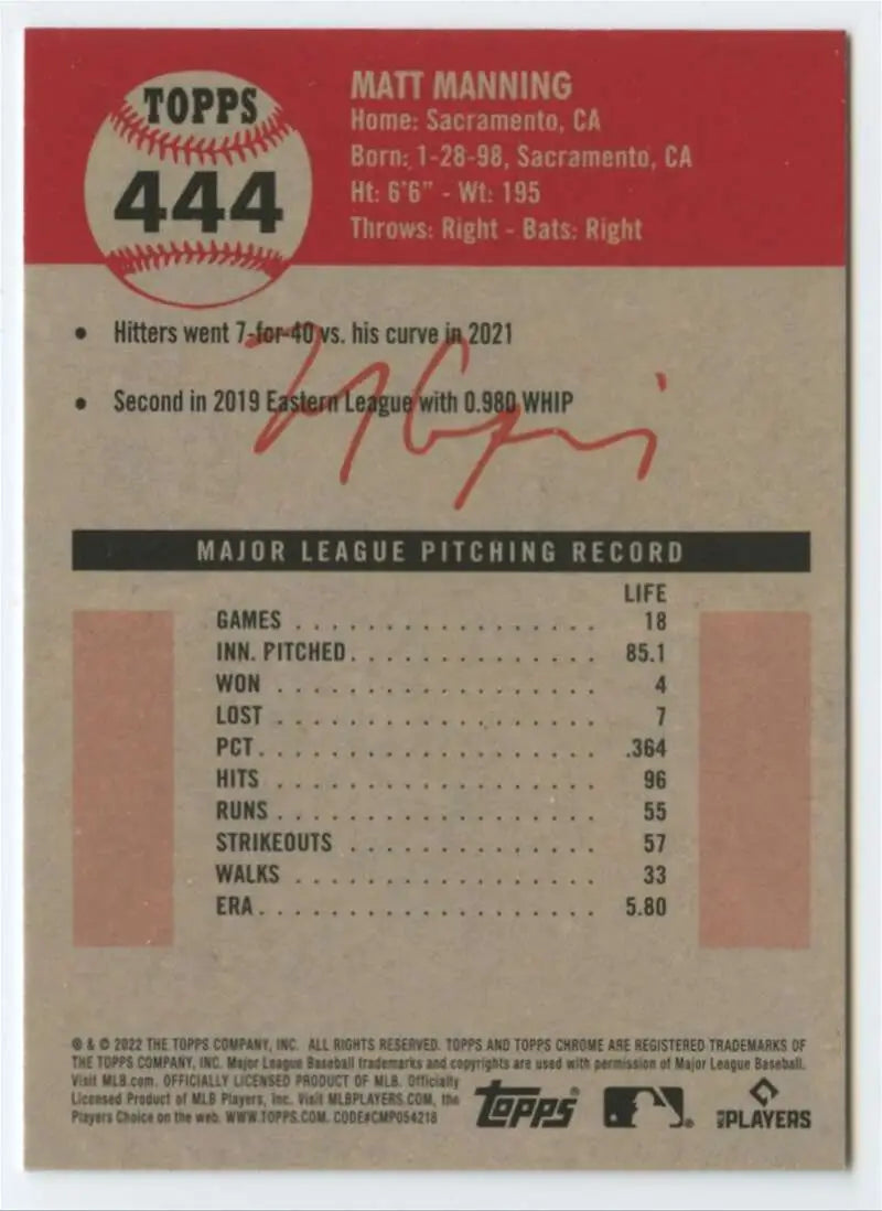 Matt Manning pitching statistics and career highlights on 2022 Topps Chrome Platinum card