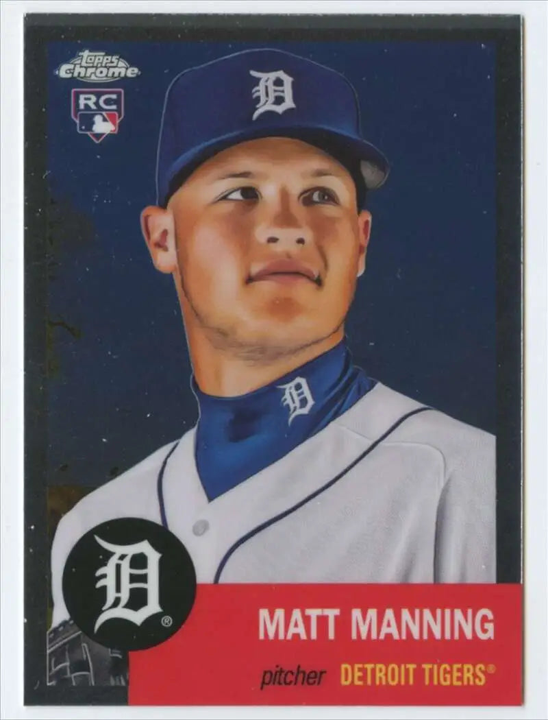Baseball card of Matt Manning in white Detroit Tigers uniform from Topps Chrome Platinum