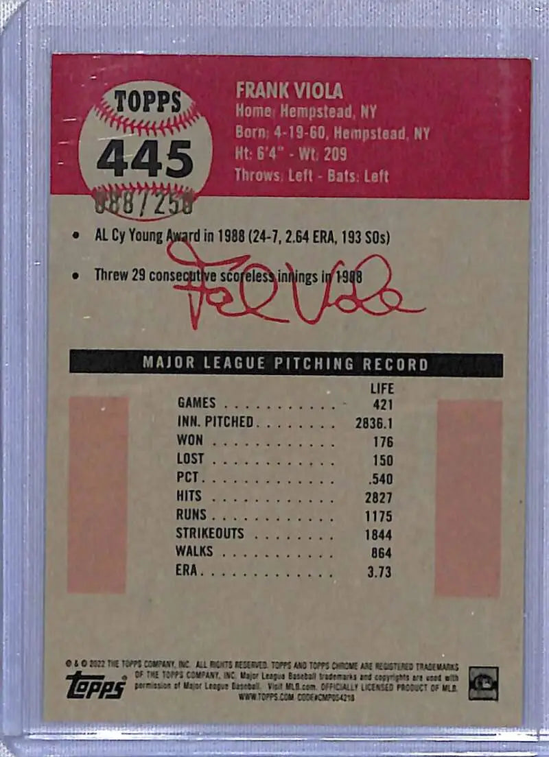 Baseball card featuring Frank Viola’s stats from 2022 Topps Chrome Platinum Anniversary #445