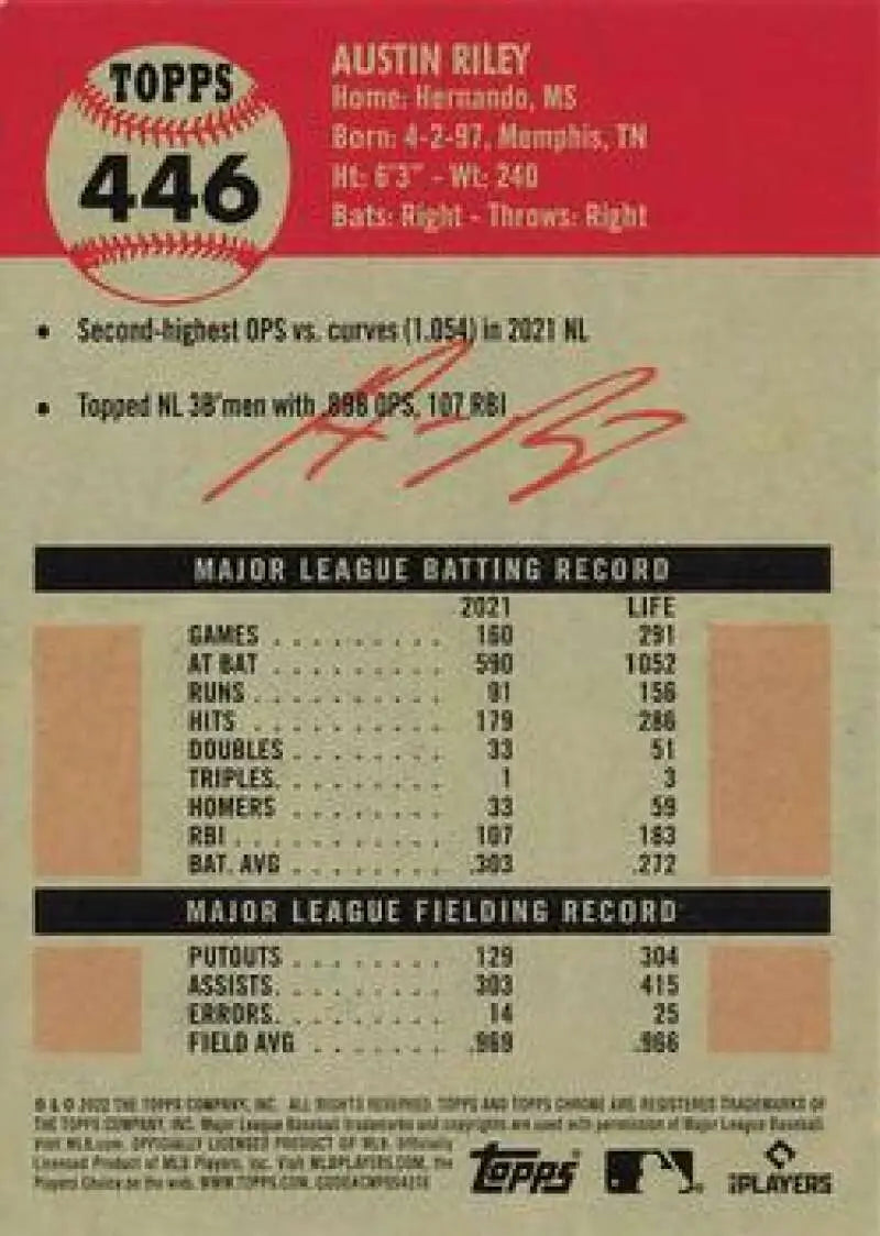 Austin Riley 2022 Topps Chrome Platinum Anniversary #446 baseball card with statistics