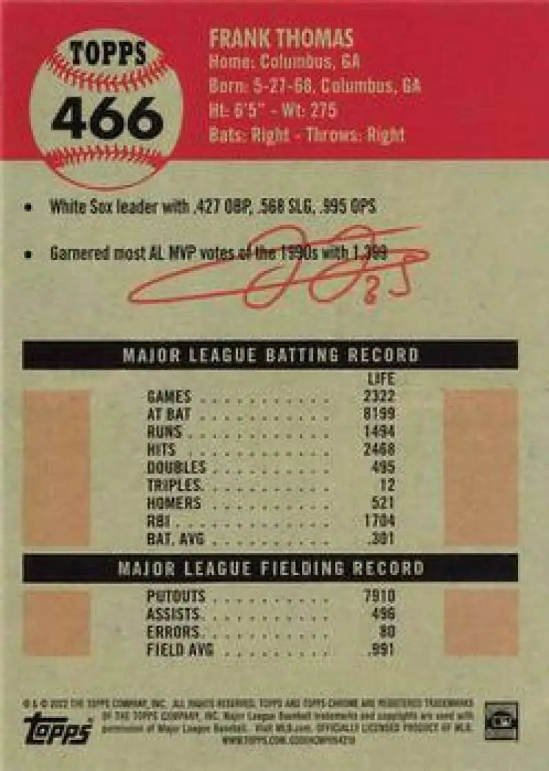Back of 2022 Topps Chrome Platinum Anniversary #466 Frank Thomas card with stats and info