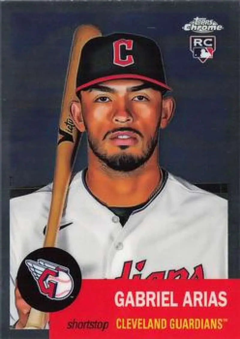 Gabriel Arias holding a bat on a 2022 Topps Chrome Platinum baseball card