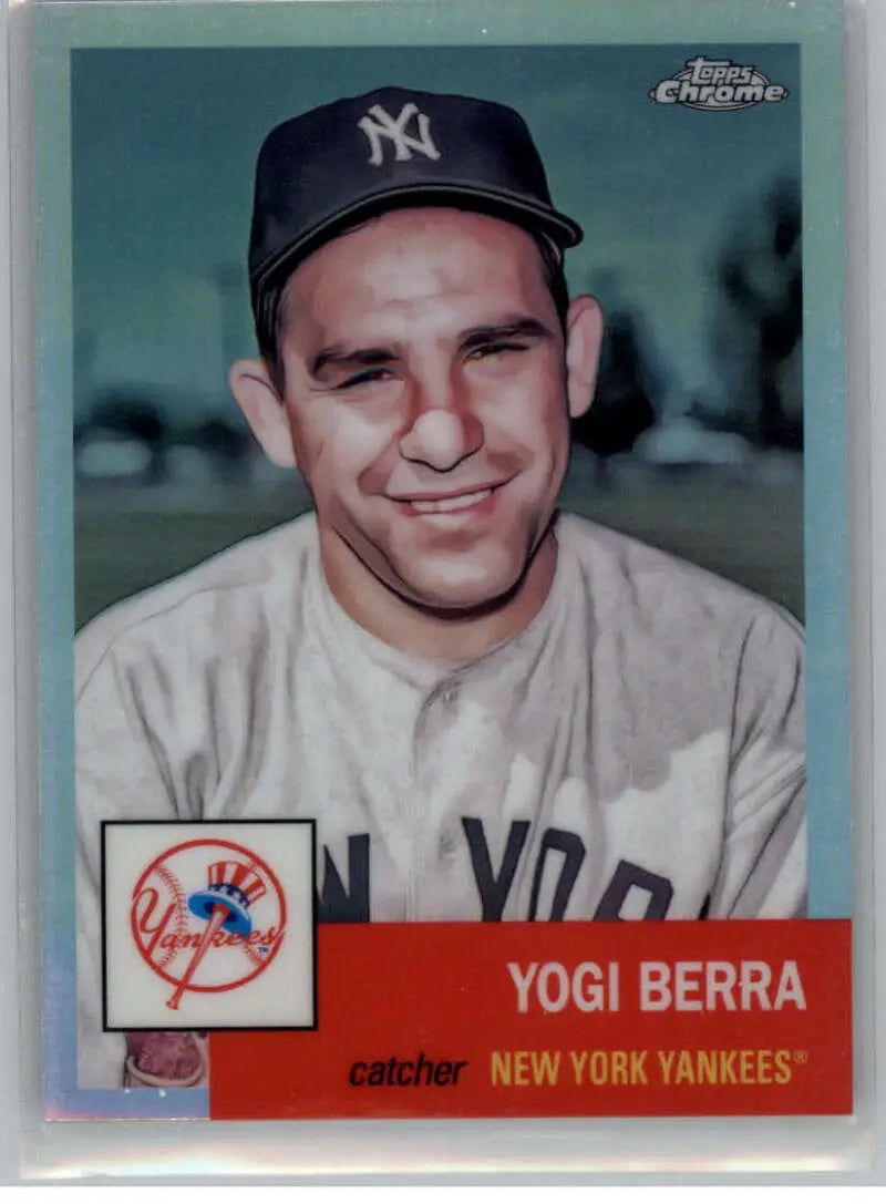 Vintage New York Yankees baseball card of Yogi Berra, Platinum Anniversary Refractor