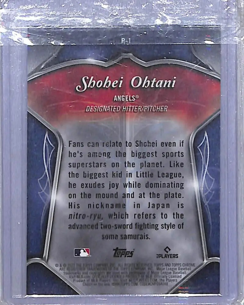 Baseball trading card of Shohei Ohtani from 2022 Topps Chrome Prizm White Sparkle
