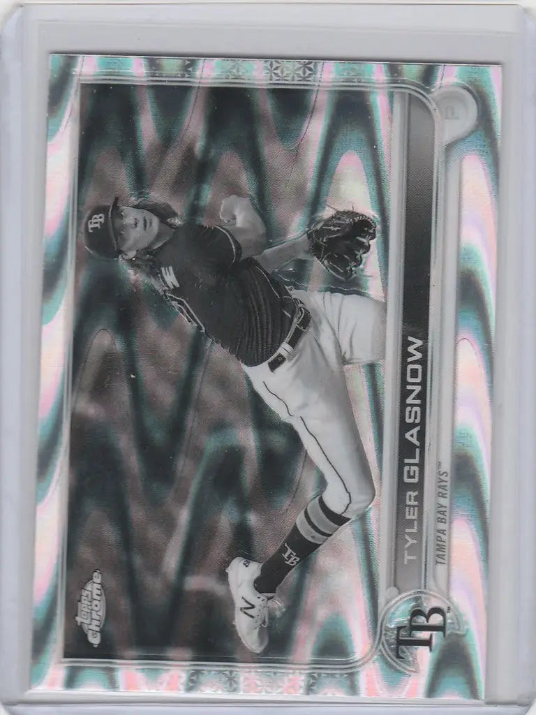 Baseball trading card of Tyler Glasnow in throw motion for Topps Chrome Raywave Tampa Bay Rays