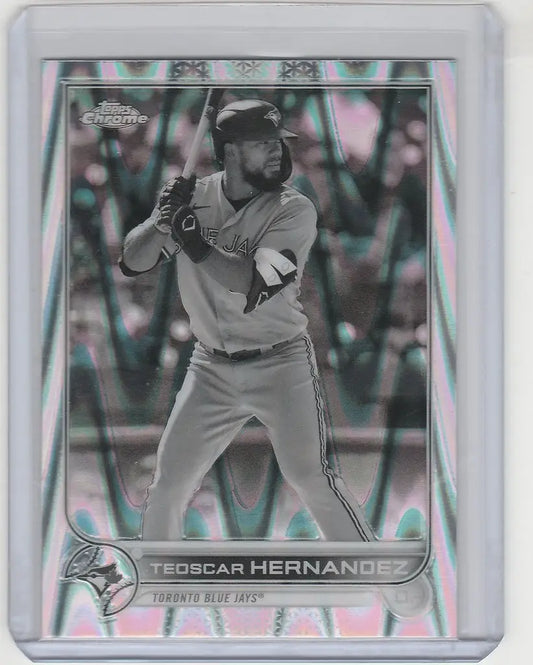 Baseball trading card of Teoscar Hernandez in batting stance for Topps Chrome Raywave