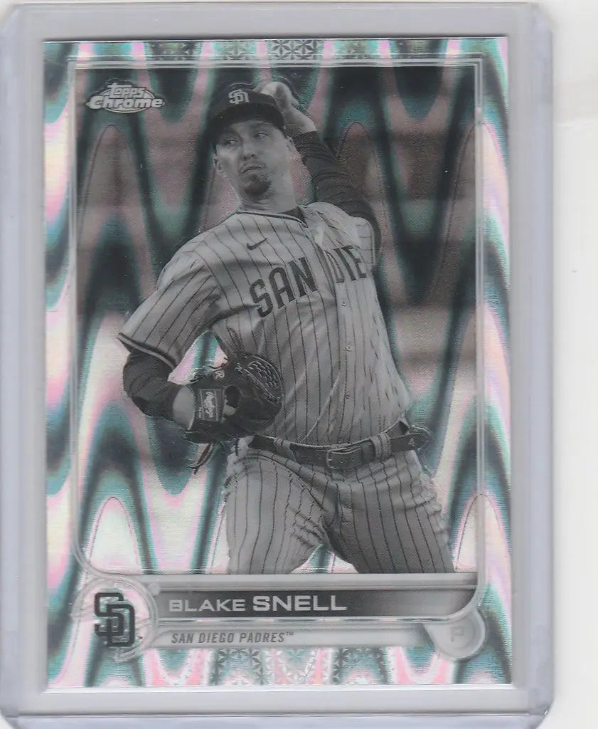 Baseball card of Blake Snell mid-throw for San Diego Padres Topps Chrome Raywave