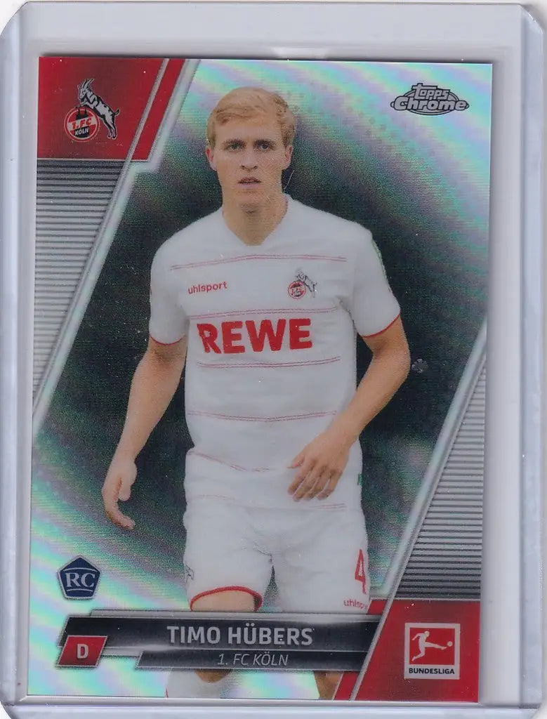 Soccer trading card of Timo Hubers in white REWE uniform, Topps Chrome Refractor
