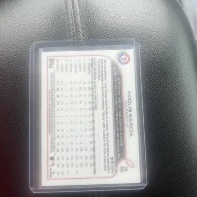 Baseball card in protective case showcasing 2022 Topps Chrome Refractor Adolis Garcia Rookie Cup