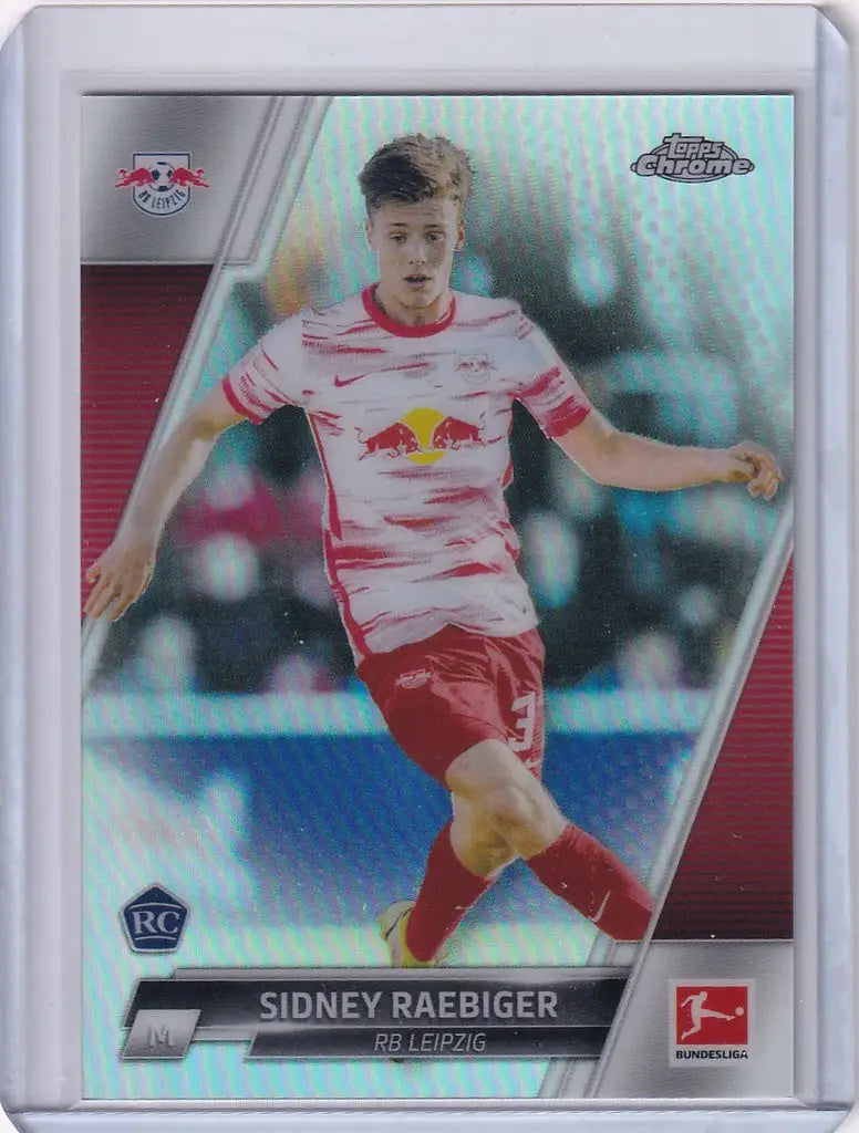 Soccer trading card of Sidney Raebige in RB Leipzig jersey, Topps Chrome Refractor style