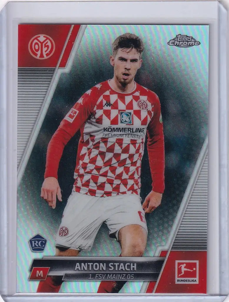 Soccer trading card of Anton Stach FSV Mainz in red and white checkered jersey