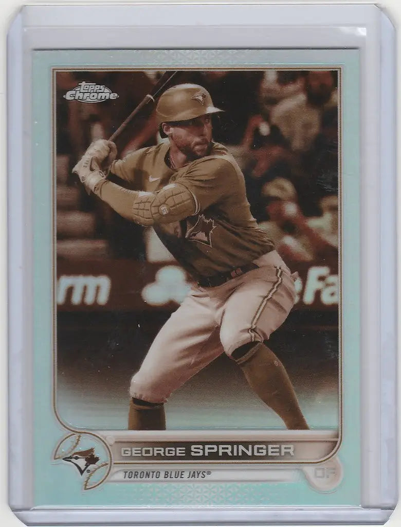 Baseball card of George Springer in a batting stance for the Toronto Blue Jays Topps Chrome Sepia