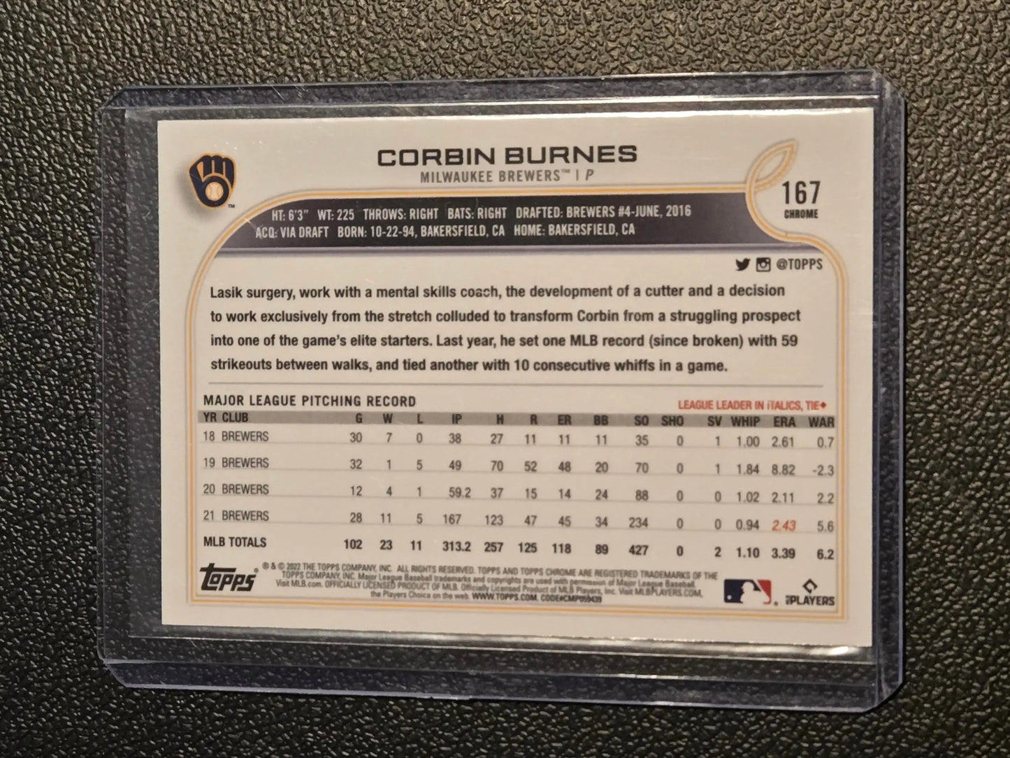 Corbin Burnes baseball card from Topps Chrome Sonic 2022 featuring Corbin Burnes Black & White RayWave