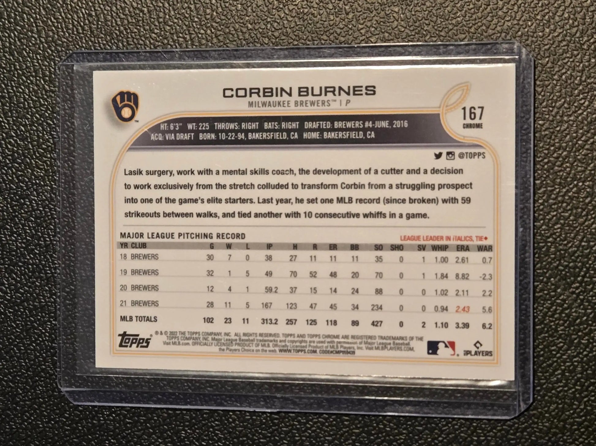 Corbin Burnes baseball card from Topps Chrome Sonic 2022 featuring Corbin Burnes Black & White RayWave