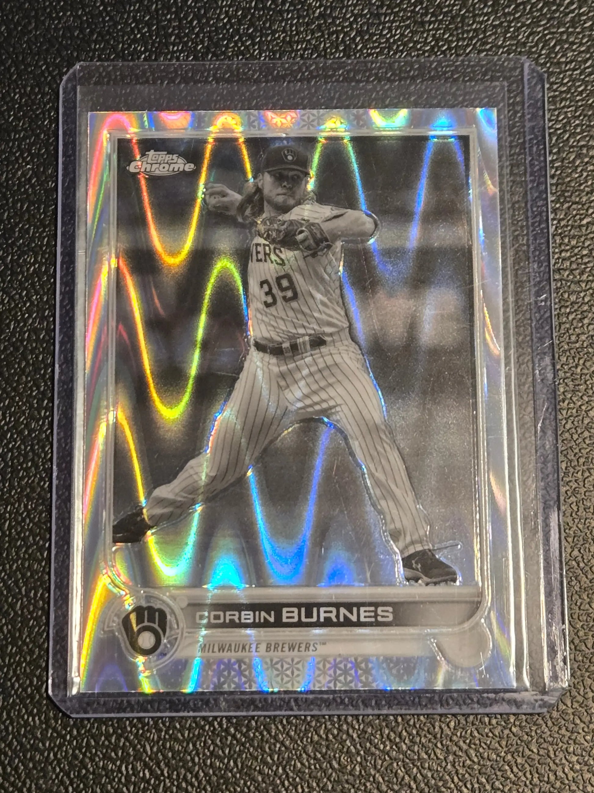 Corbin Burnes baseball card from Topps Chrome Sonic Black & White RayWave series