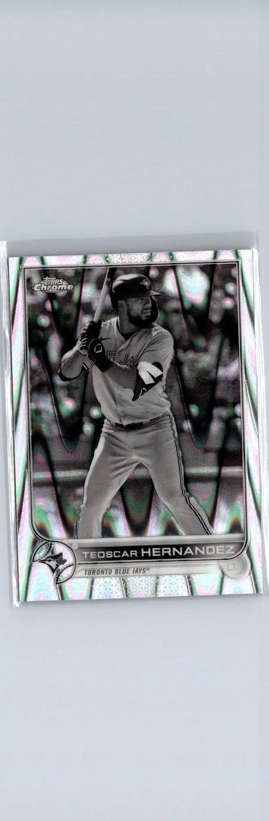 Baseball card featuring Teoscar Hernandez at bat from Topps Chrome Sonic Black & White RayWave