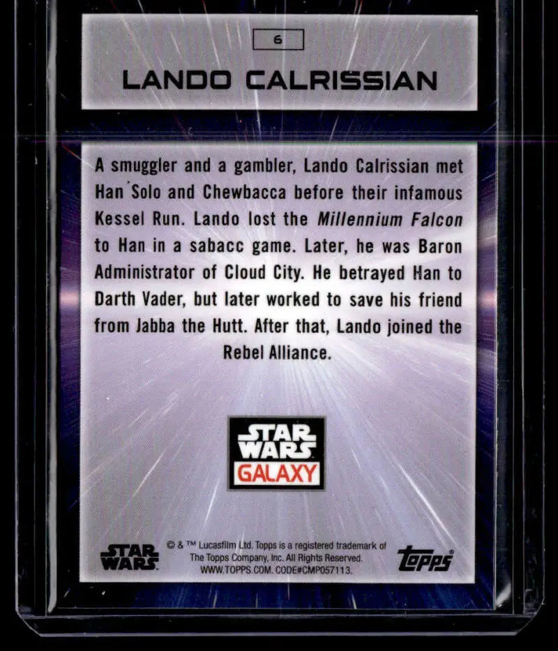 Trading card of Lando Calrissian’s biography from 2022 Topps Chrome Star Wars Galaxy series