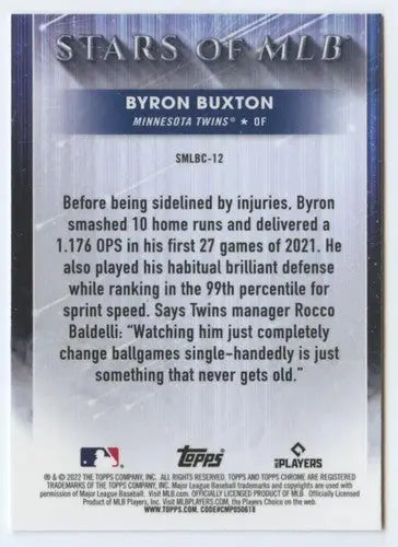 Original gloss baseball trading card featuring Byron Buxton from Topps Chrome Stars 2022