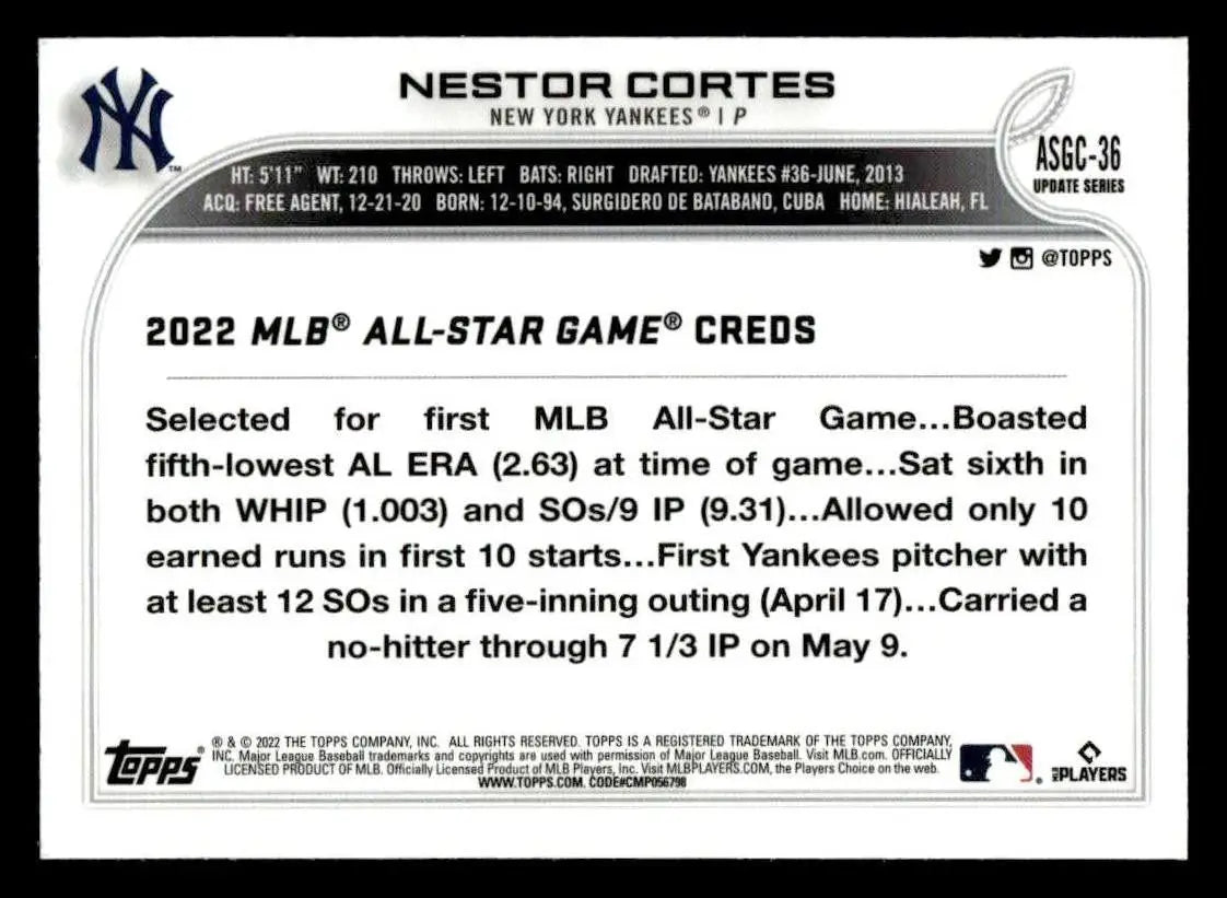 Baseball card featuring Nestor Cortes with stats and achievements from Topps Chrome Update