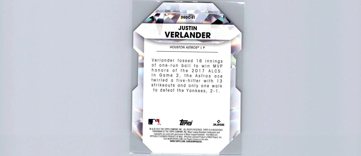 Justin Verlander baseball card from 2022 Topps Chrome Update Diamond Greats collection