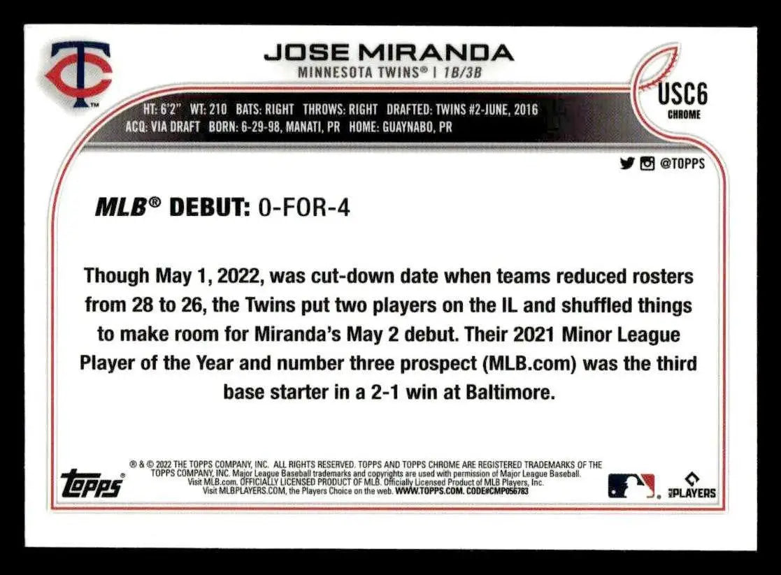 Baseball card back for 2022 Topps Chrome Update USC6 Jose Miranda Purple Refractor