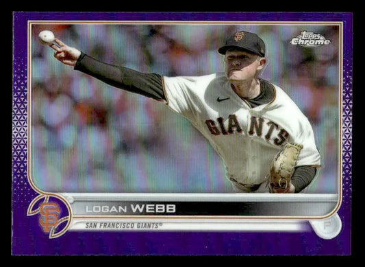 Baseball trading card of Logan Webb in purple frame from 2022 Topps Chrome Update