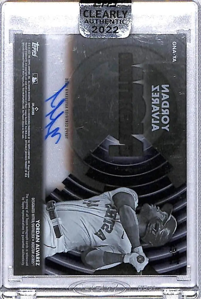 Signed black and white Yordan Alvarez trading card in protective case, Houston Astros Authentic Generation