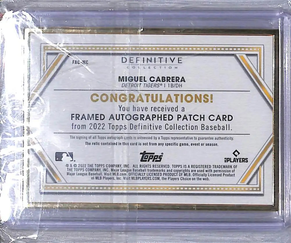 Autographed Miguel Cabrera patch baseball card from 2022 Topps Definitive Collection featuring Detroit Tigers memorabilia