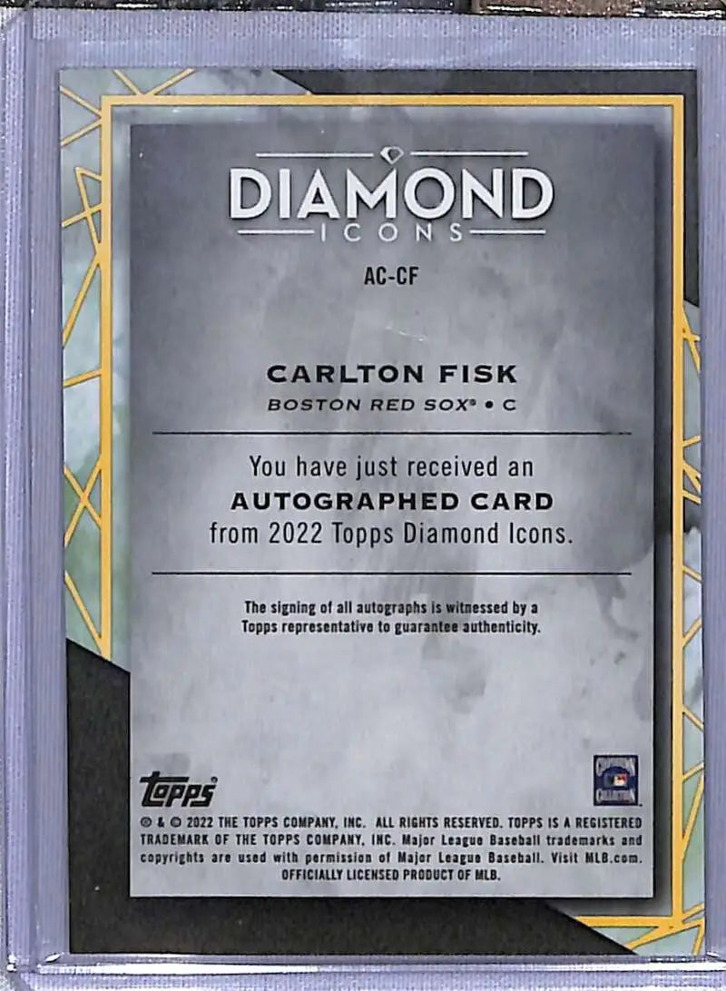 Back of 2022 Topps Diamond Icons Carlton Fisk autograph card notification