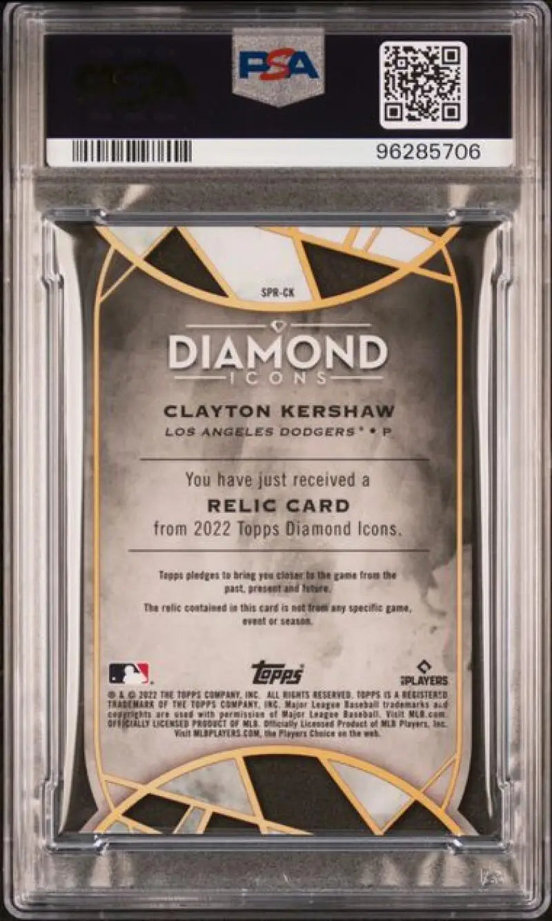 PSA-graded 2022 Topps Diamond Icons Relic back featuring Clayton Kershaw, GEM MINT