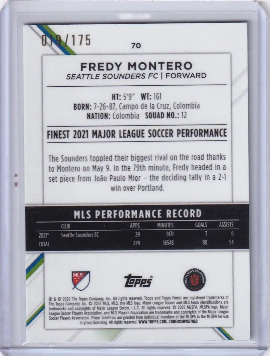 Topps Finest Mini Diamond card of Fredy Montero showcasing Seattle Sounders player stats