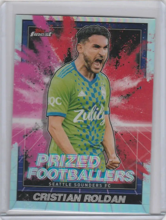 Soccer trading card of Christian Roldan Seattle in bright green jersey for Topps Finest MLS