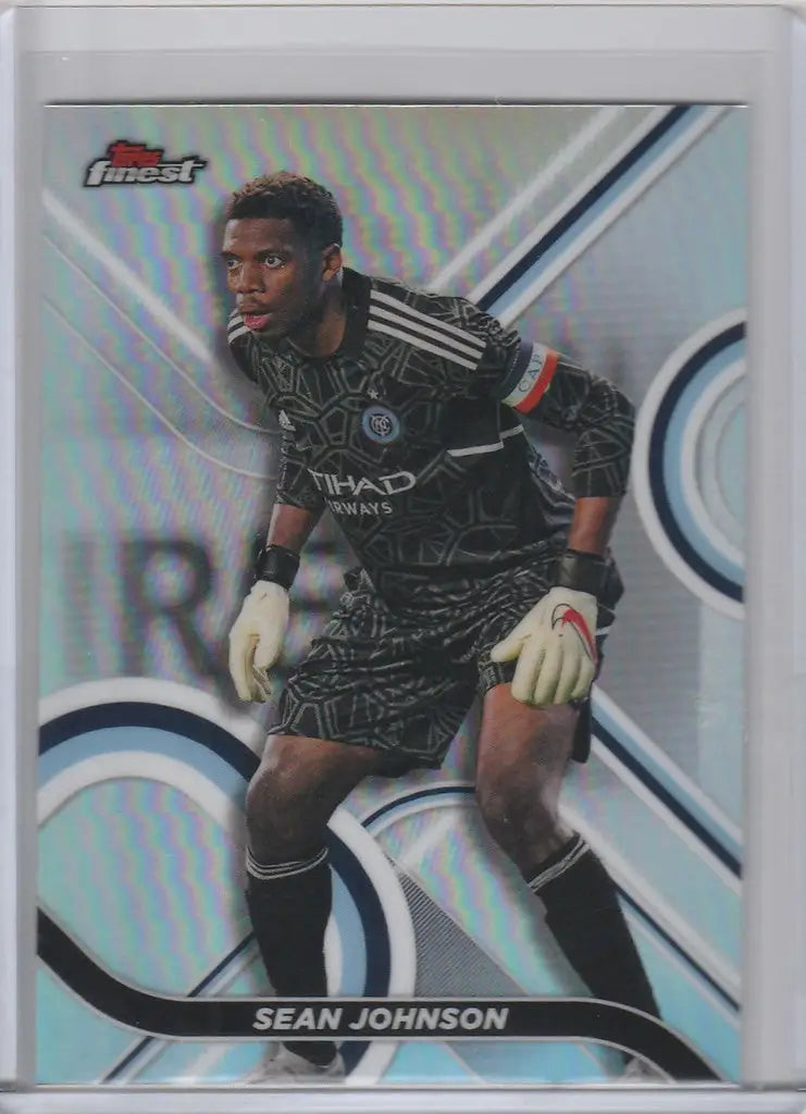Soccer goalkeeper trading card of Sean Johnson NYCFC from 2022 Topps Finest MLS Refractor