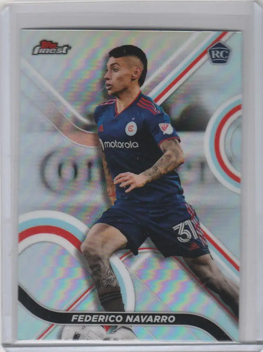 Soccer player card of Federico Navarro in dark blue uniform from Topps Finest MLS Refractor