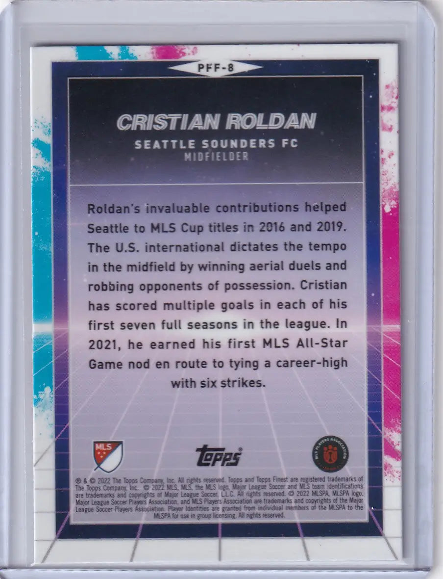 Trading card showcasing Cristian Roldan’s achievements from Topps Finest Prized Variation