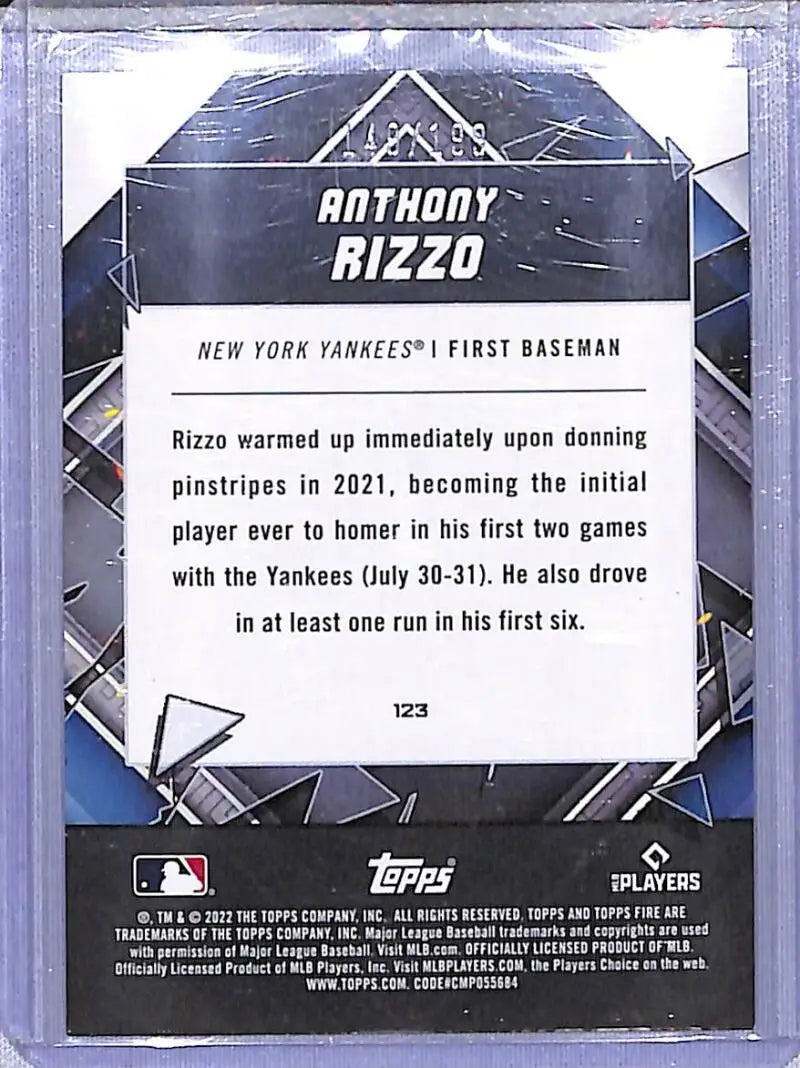 Anthony Rizzo baseball card from 2022 Topps Fire Green Parallel featuring New York Yankees