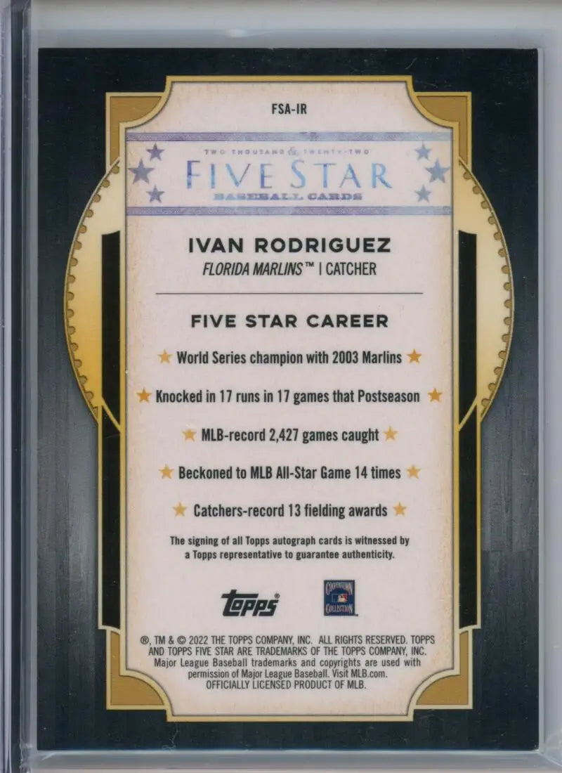 Ivan Rodriguez Topps Five Star Baseball Card featuring career highlights in gold frame