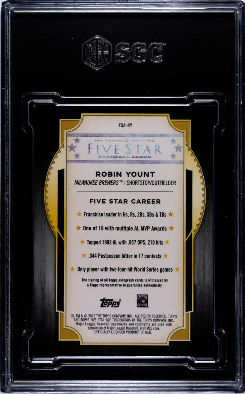 Back side of a graded Topps Five Star Robin Yount baseball card with career statistics