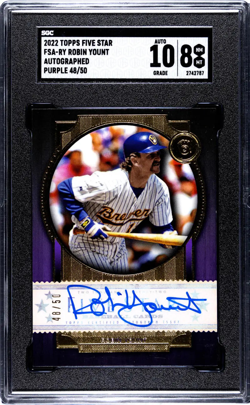 Graded Topps Five Star baseball card featuring Robin Yount with autograph and purple design