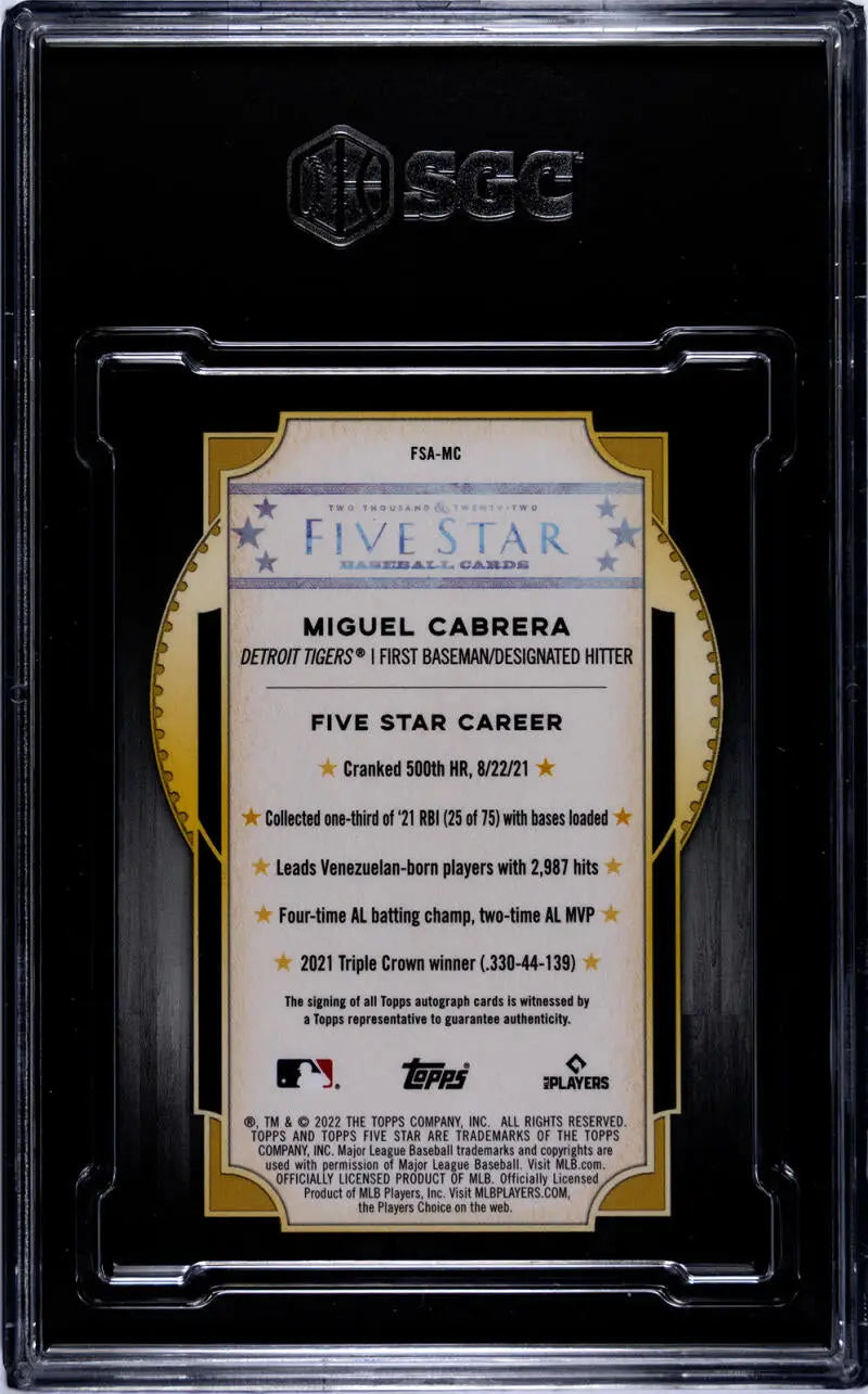 Miguel Cabrera Detroit Tigers baseball card in black case with Five Star branding and stats