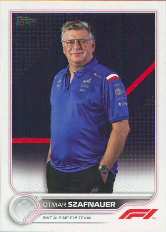 Otmar Szafnauer in a blue Scuderia AlphaTauri polo on Topps Formula 1 racing card
