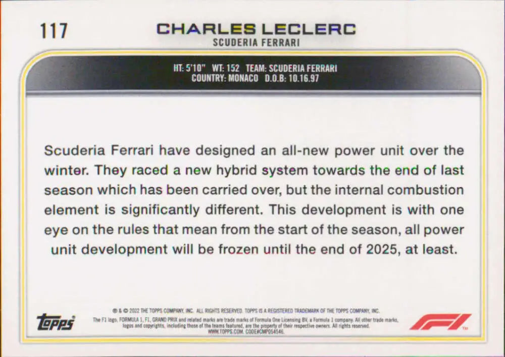 Topps Formula 1 trading card featuring Charles Leclerc’s Ferrari power unit details