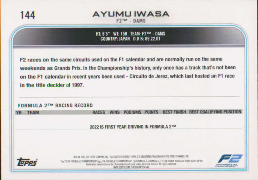 Ayumu Iwasa Racing Statistics Card from 2022 Topps Formula 1 Series