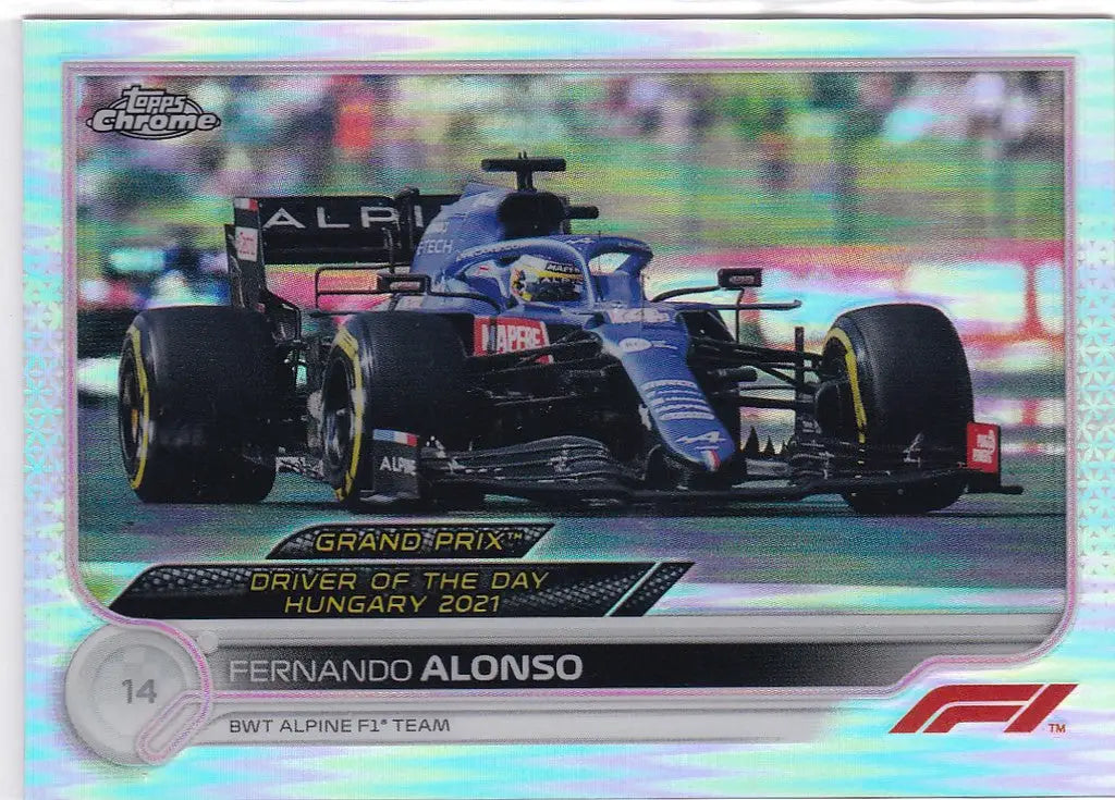 Formula 1 racing car in action, featuring Topps Formula 1 Alonso Refractor Alpine