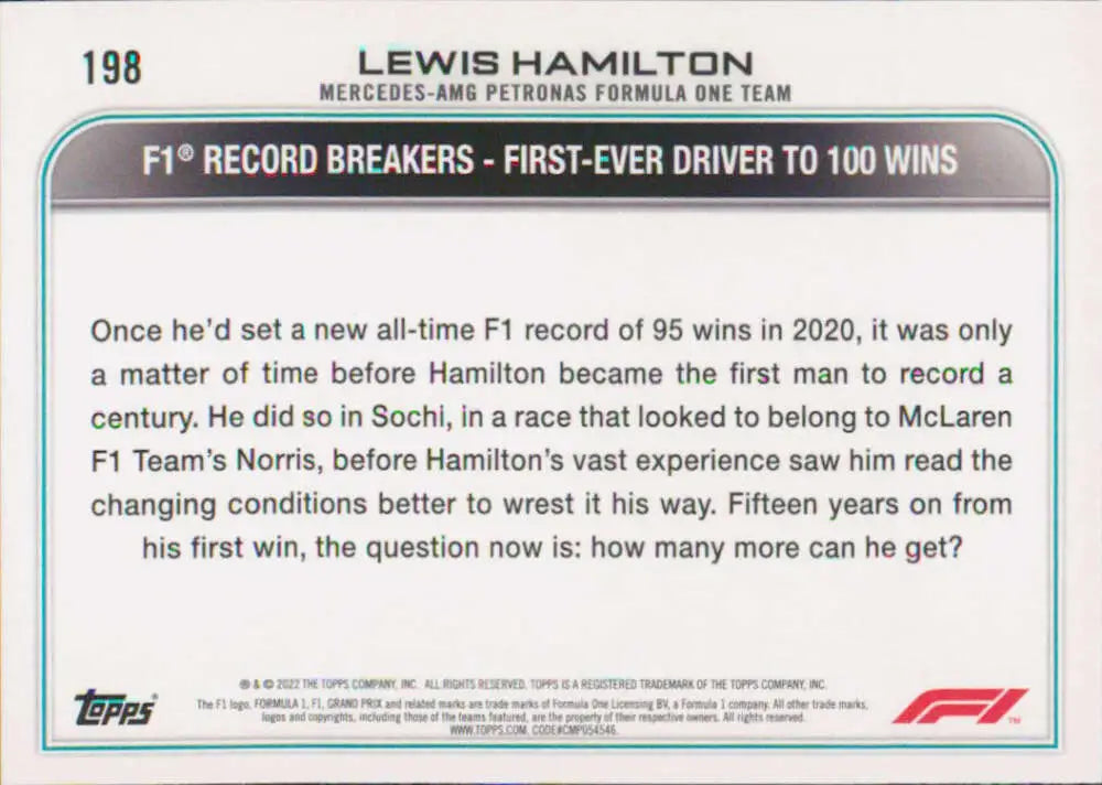 Formula 1 trading card showcasing Lewis Hamilton’s 100 race wins achievement NM-MT