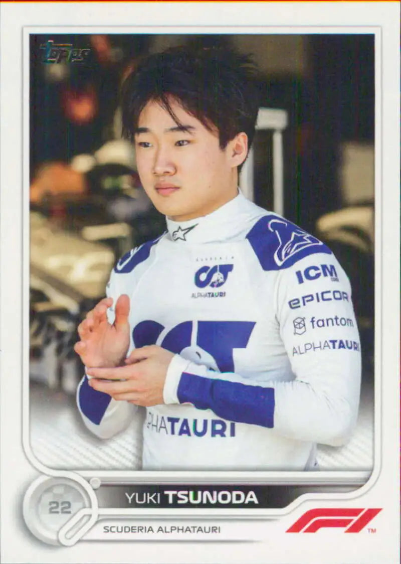 Formula 1 trading card of Yuki Tsunoda in AlphaTauri attire from Topps Formula collection